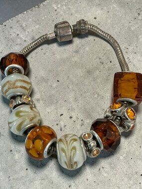 Sterling Silver Charm Bracelet With Mixed Beads & Amber Accents 7.5" 33g Elegant